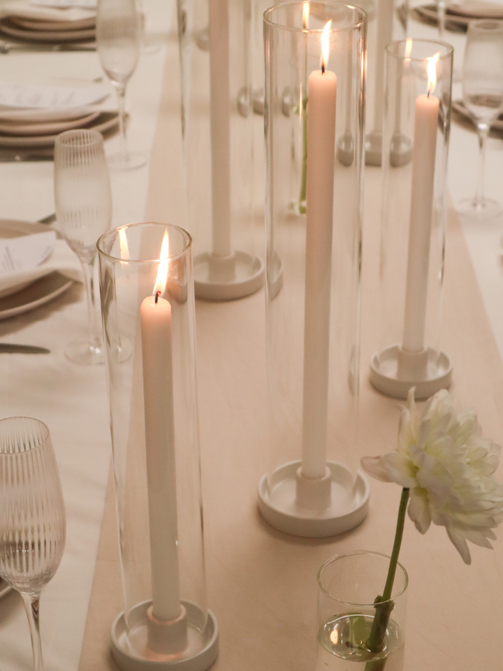 White 55cm Taper Candles with Medium White Amara Ceramic Holders and Sleeves - Set of 6