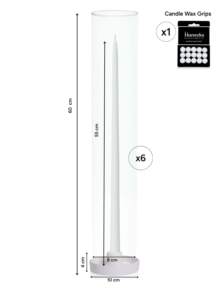 White 55cm Taper Candles with Medium White Amara Ceramic Holders and Sleeves - Set of 6