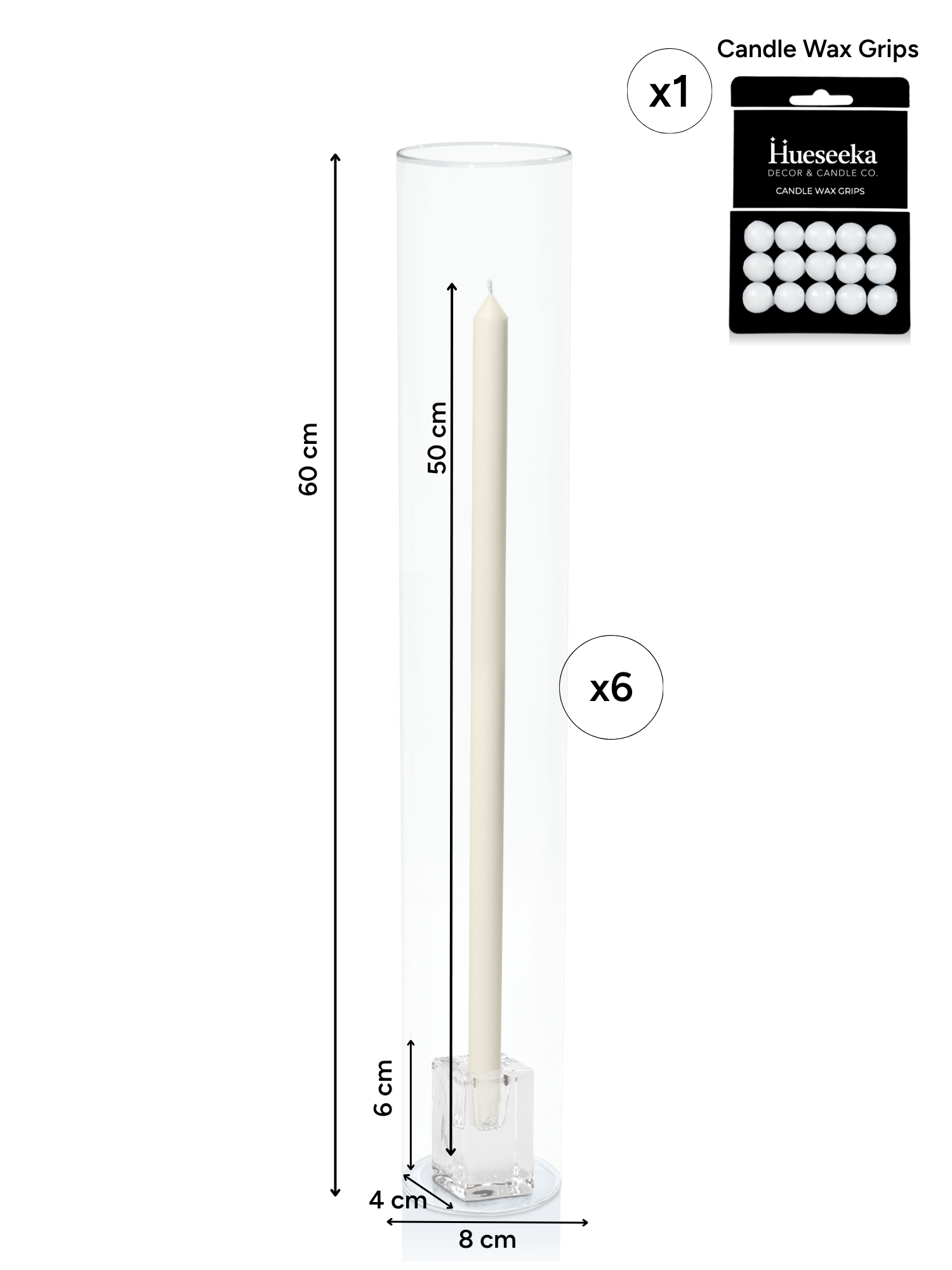 Ivory 50cm Dinner Candles with Glass Cube Holders and Glass Sleeves - Set of 6 Pack of 6