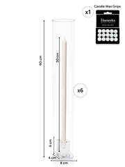 Ivory 50cm Dinner Candles with Glass Cube Holders and Glass Sleeves - Set of 6 Pack of 6
