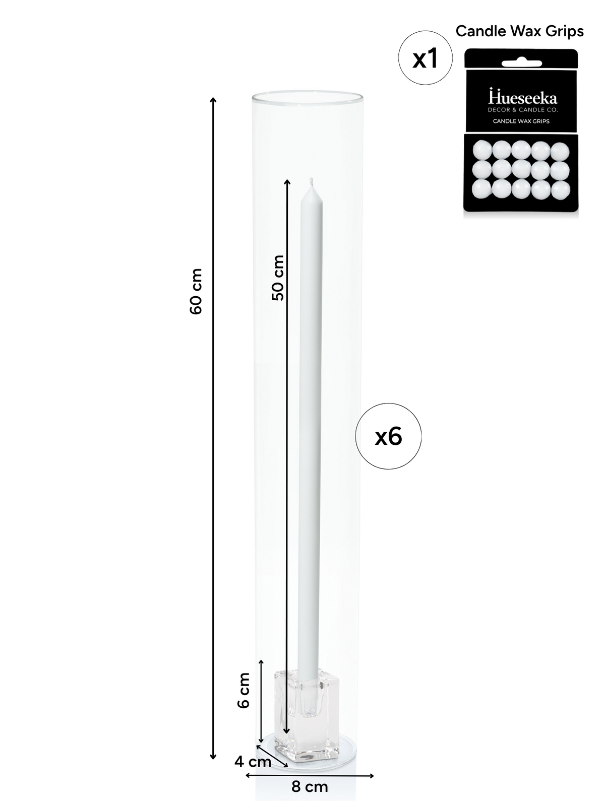 White 50cm Dinner Candles with Glass Cube Holders and Glass Sleeves - Set of 6 Pack of 6