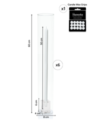 White 50cm Dinner Candles with Glass Cube Holders and Glass Sleeves - Set of 6 Pack of 6