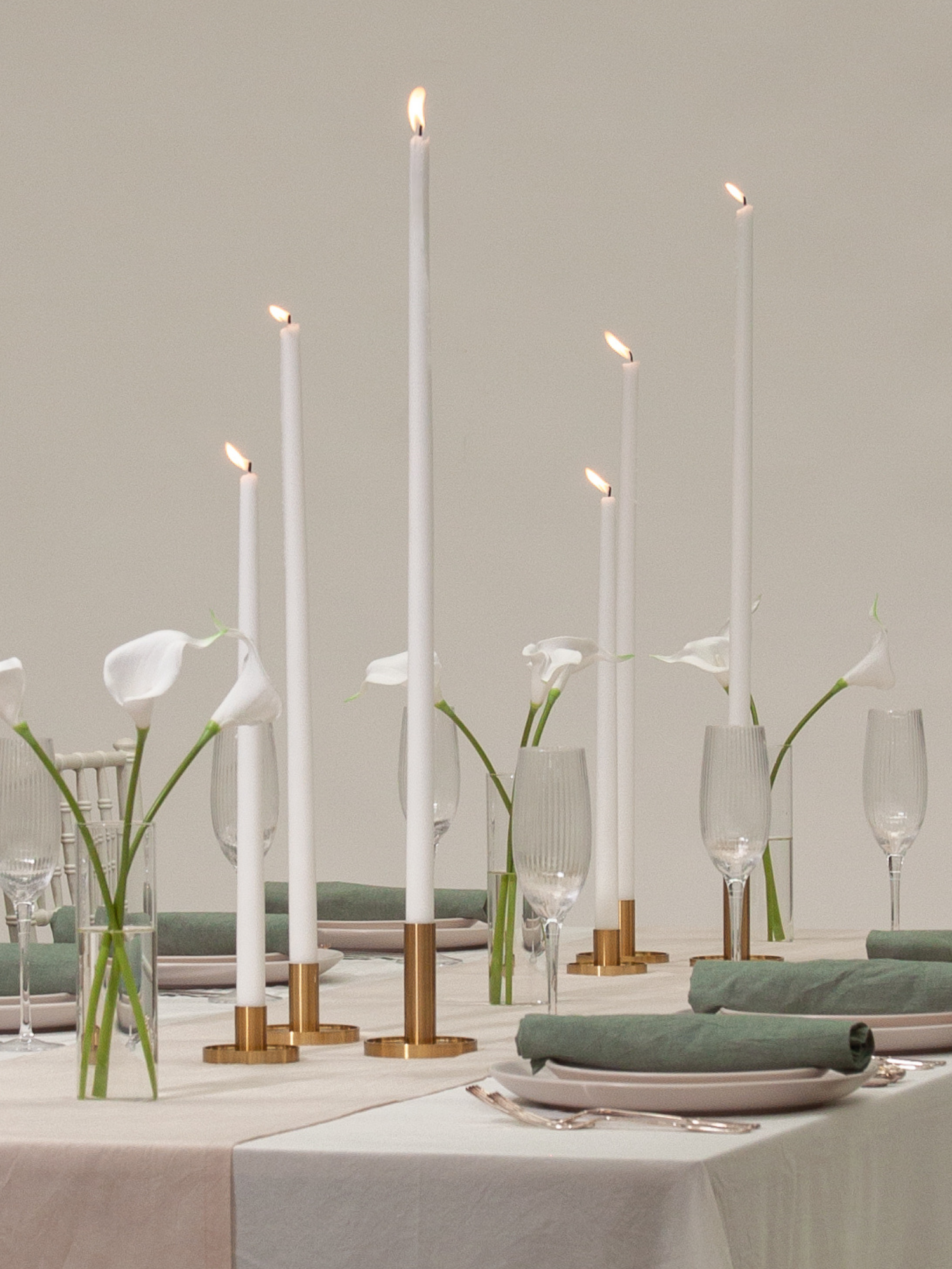 White 55cm Taper Candles with Medium Maya Gold Metal Holders and Sleeves - Set of 6 Pack of 6