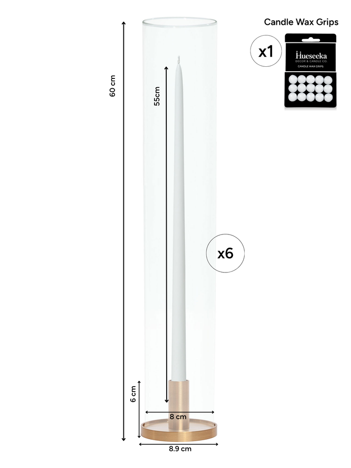 White 55cm Taper Candles with Medium Maya Gold Metal Holders and Sleeves - Set of 6 Pack of 6