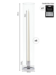 Ivory 55cm Taper Candles with Medium Silver Maya Metal Holders and Glass Sleeves - Set of 6 Pack of 6