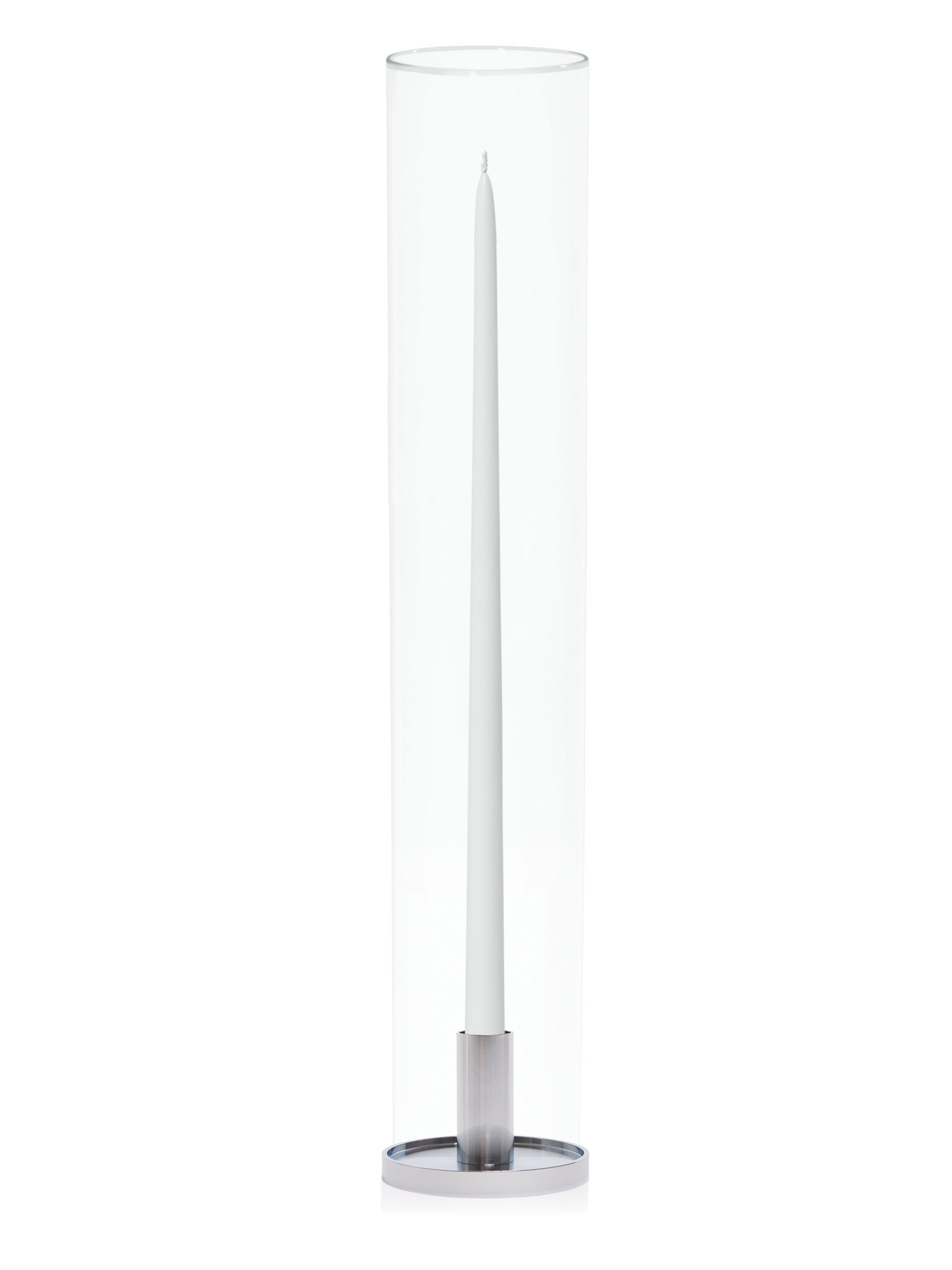 White 55cm Taper Candles with Medium Silver Maya Metal Holders and Glass Sleeves - Set of 6 Pack of 6