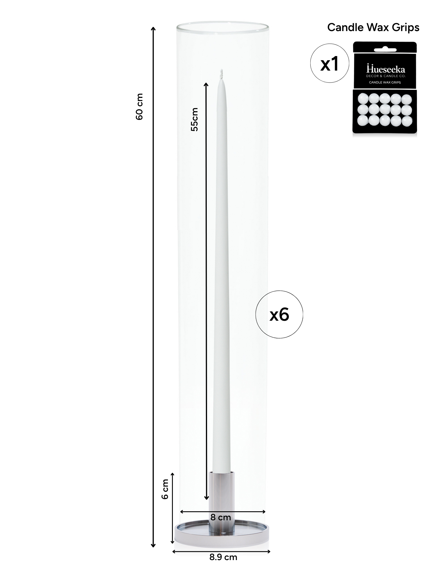 White 55cm Taper Candles with Medium Silver Maya Metal Holders and Glass Sleeves - Set of 6 Pack of 6