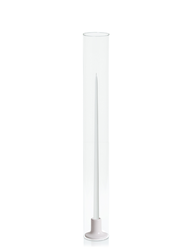 White 55cm Taper Candles with Mona Ceramic Holder and Glass Sleeves - Set of 6 Pack of 6