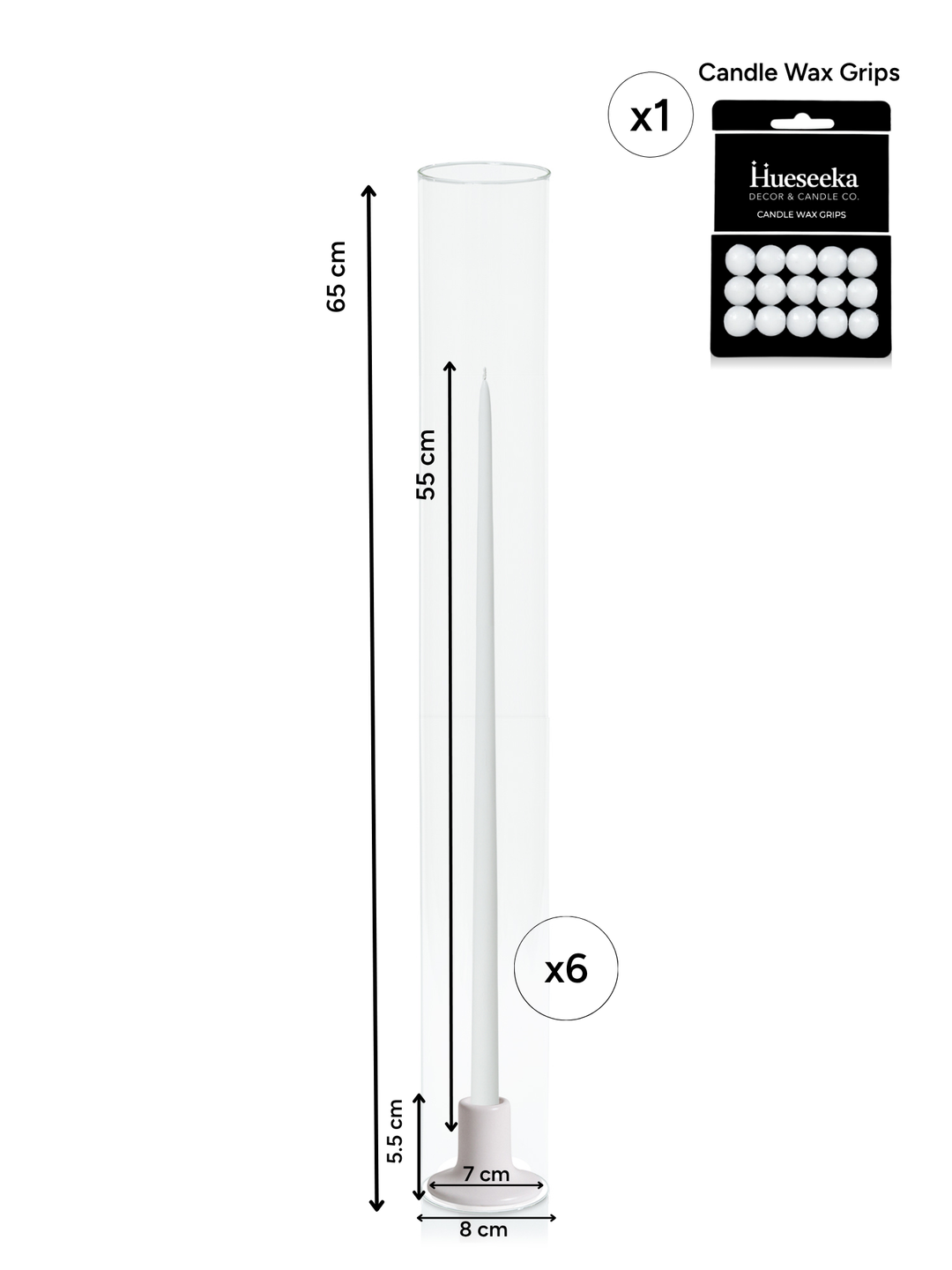 White 55cm Taper Candles with Mona Ceramic Holder and Glass Sleeves - Set of 6 Pack of 6