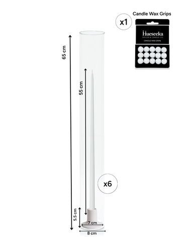 White 55cm Taper Candles with Mona Ceramic Holder and Glass Sleeves - Set of 6 Pack of 6