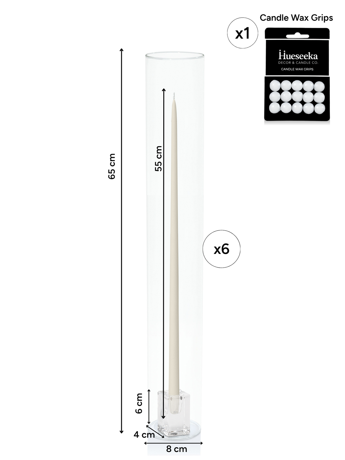 Ivory 55cm Taper Candles with Glass Cube Holders and Glass Sleeves - Set of 6