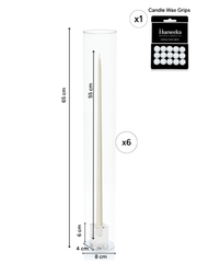 Ivory 55cm Taper Candles with Glass Cube Holders and Glass Sleeves - Set of 6 Pack of 6