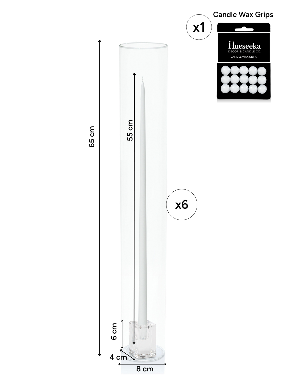 White 55cm Taper Candles with Glass Cube Holders and Glass Sleeves - Set of 6