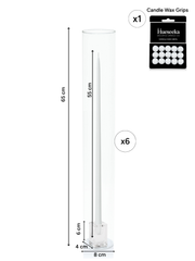 White 55cm Taper Candles with Glass Cube Holders and Glass Sleeves - Set of 6 Pack of 6