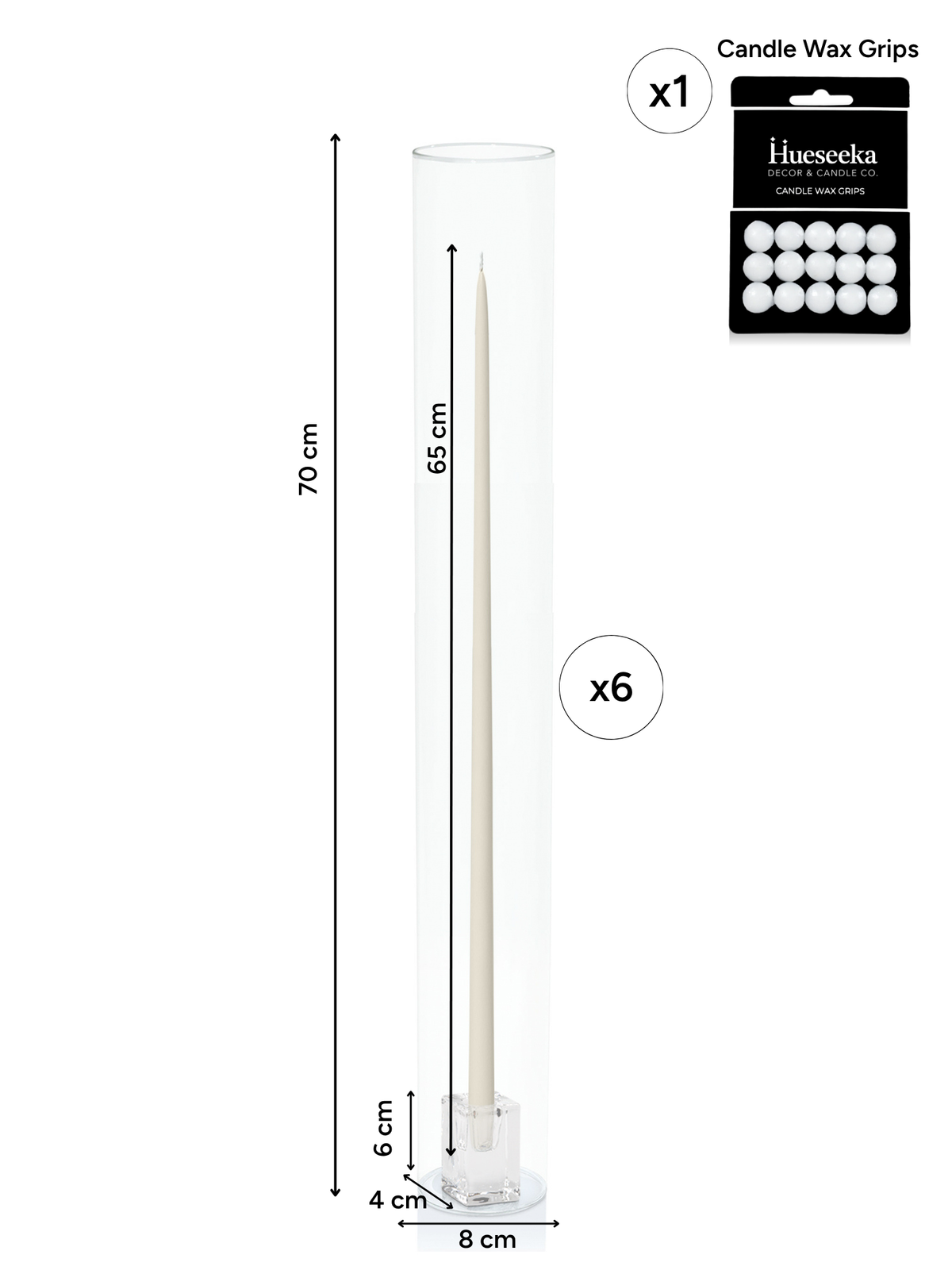 Ivory 65cm Taper Candles with Glass Cube Holders and Glass Sleeves - Set of 6 Pack of 6