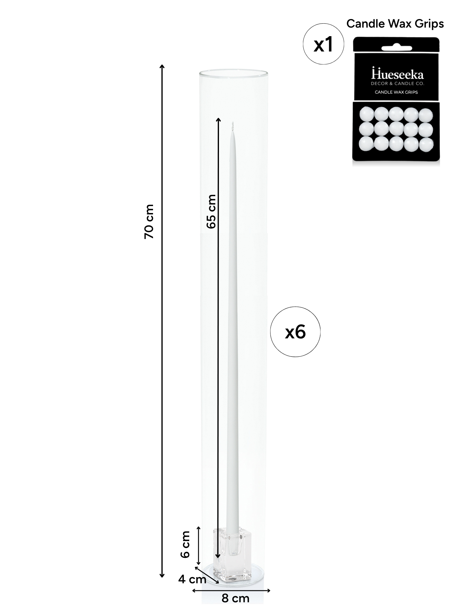 White 65cm Taper Candles with Glass Cube Holders and Glass Sleeves - Set of 6 Pack of 6