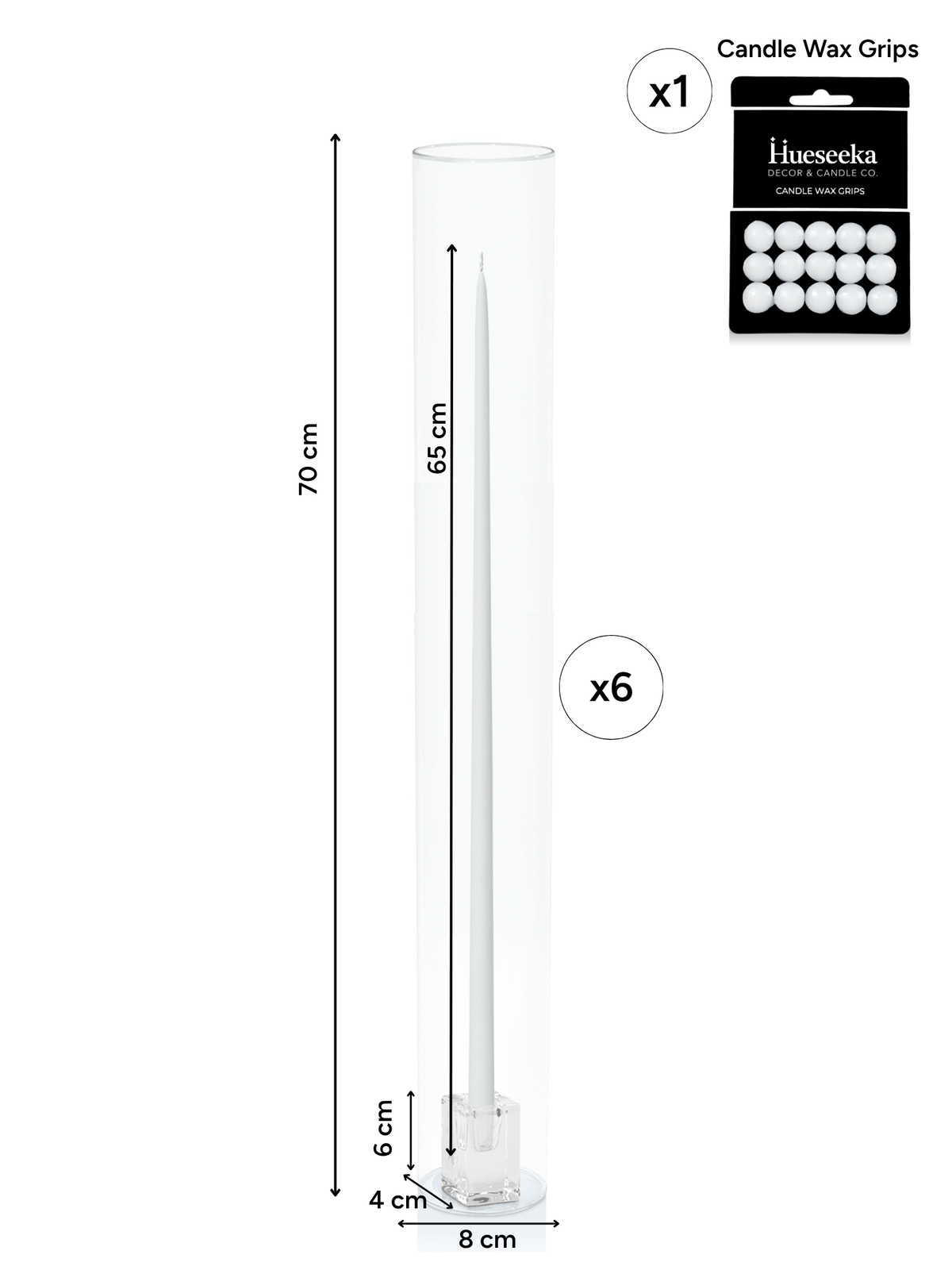 White 65cm Taper Candles with Glass Cube Holders and Glass Sleeves - Set of 6