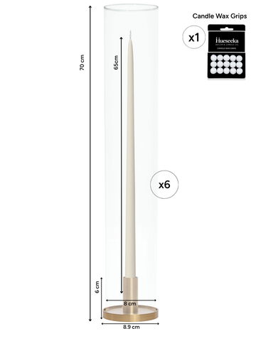 Ivory 65cm Taper Candles with Medium Gold Maya Metal Holders and Glass Sleeves - Set of 6 Pack of 6