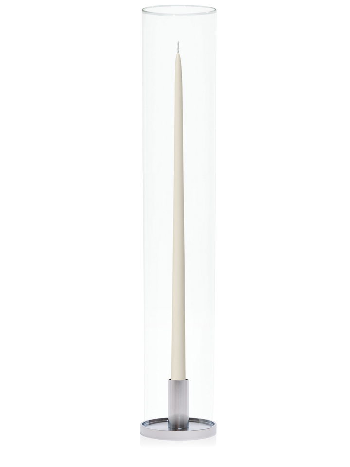 Ivory 65cm Taper Candles with Medium Silver Maya Metal Holders and Glass Sleeves - Set of 6 Pack of 6