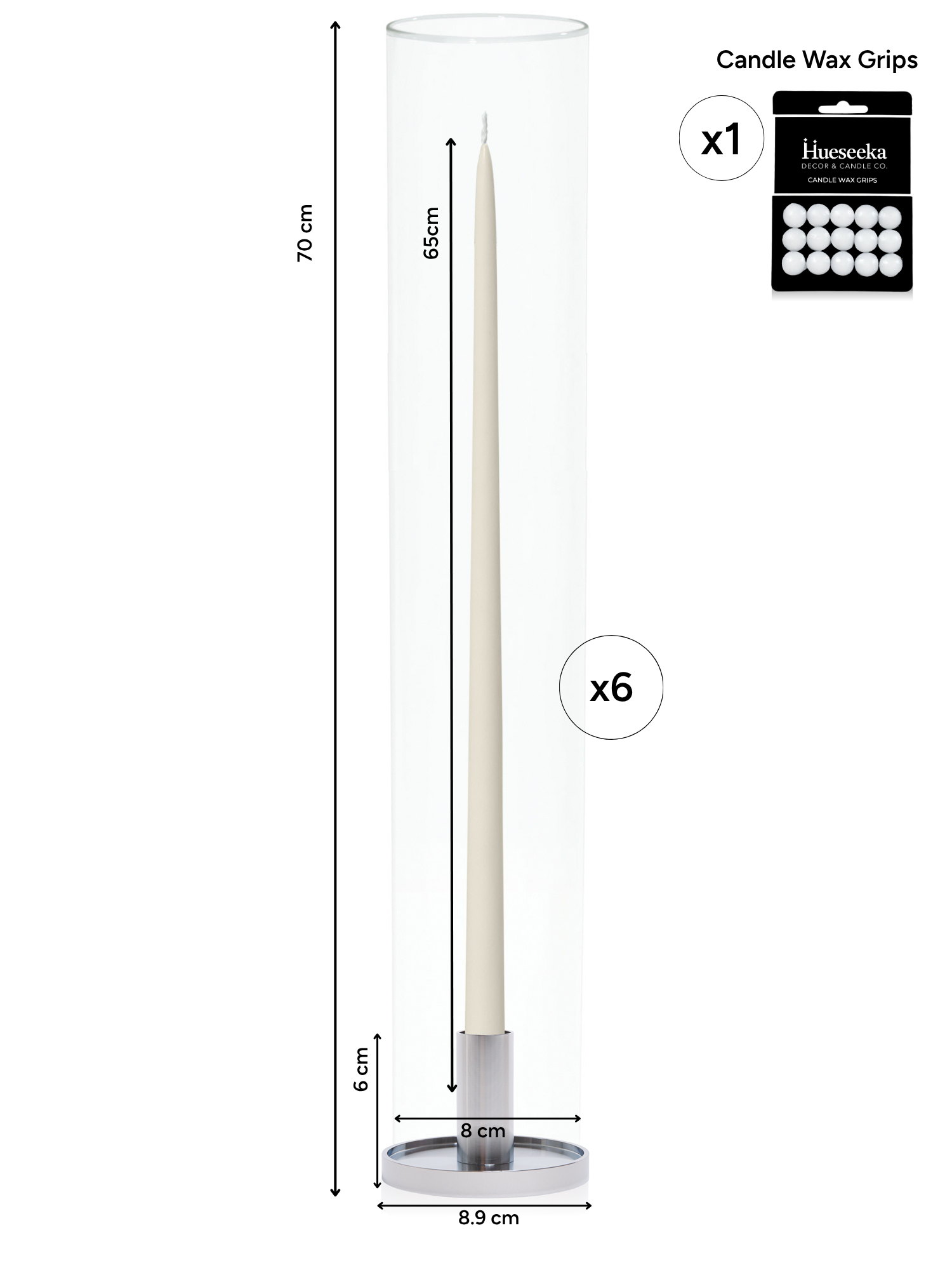 Ivory 65cm Taper Candles with Medium Silver Maya Metal Holders and Glass Sleeves - Set of 6 Pack of 6