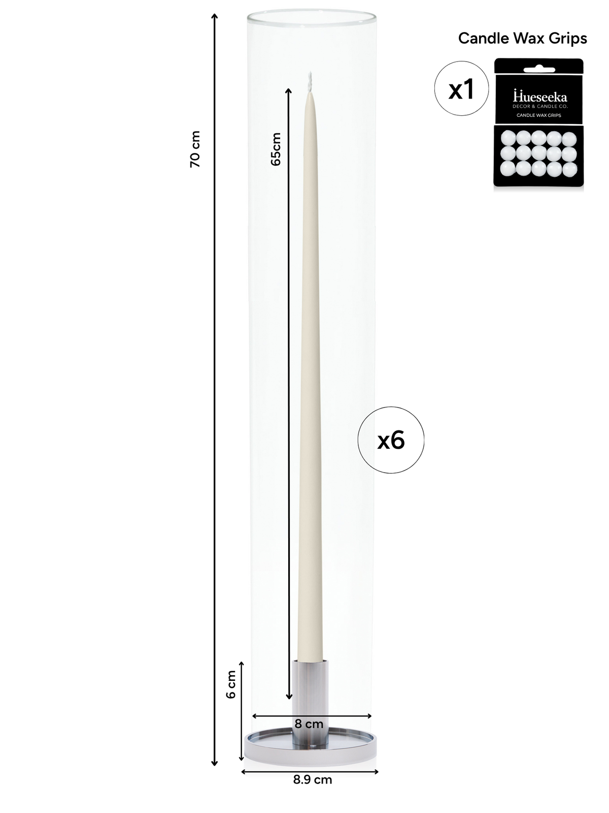 Ivory 65cm Taper Candles with Medium Silver Maya Metal Holders and Glass Sleeves - Set of 6