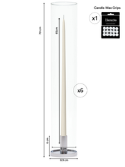 Ivory 65cm Taper Candles with Medium Silver Maya Metal Holders and Glass Sleeves - Set of 6 Pack of 6