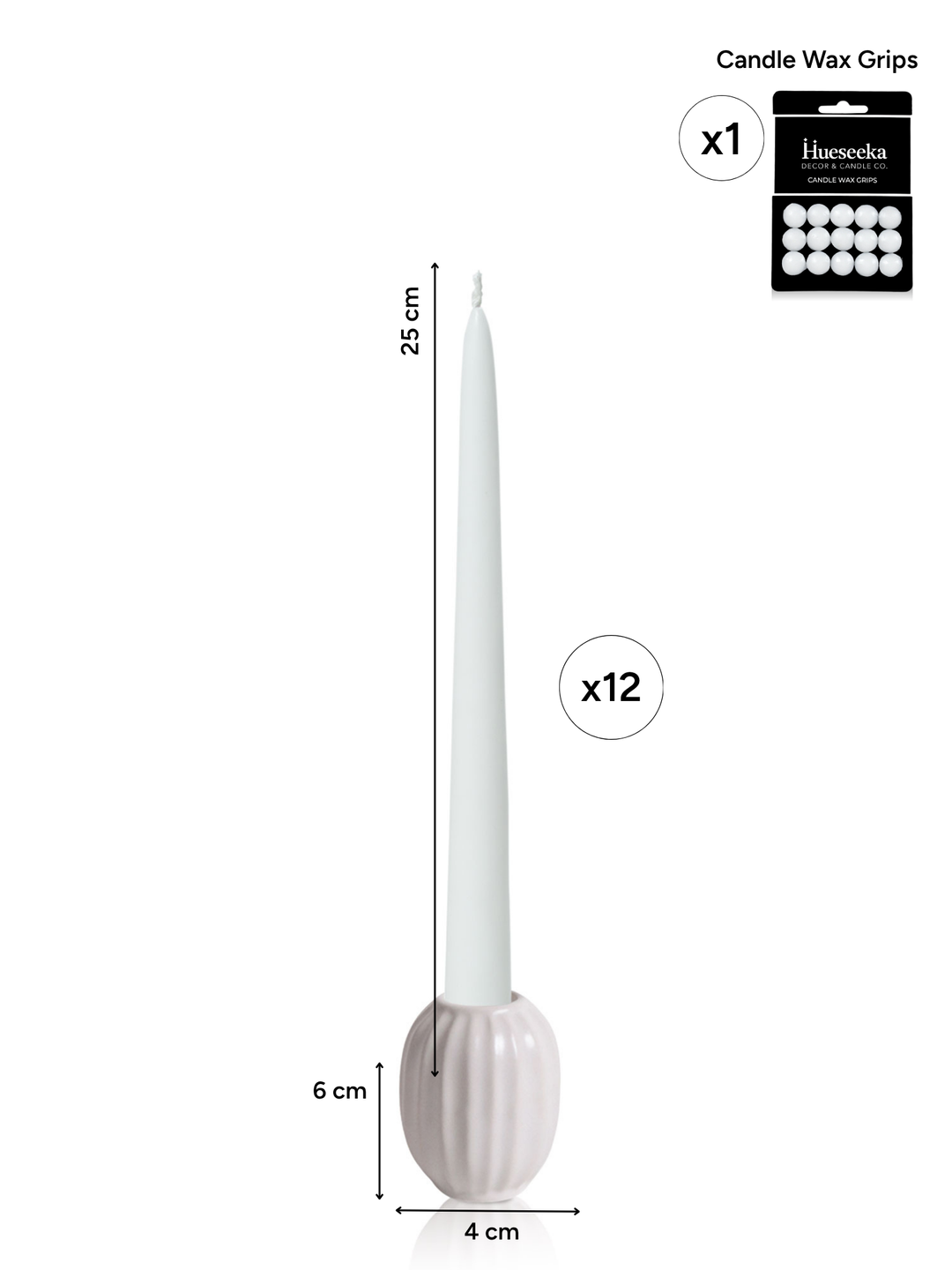 White 25cm Taper Candles with White Large Posey Ceramic Holders - Set of 4 Pack of 4