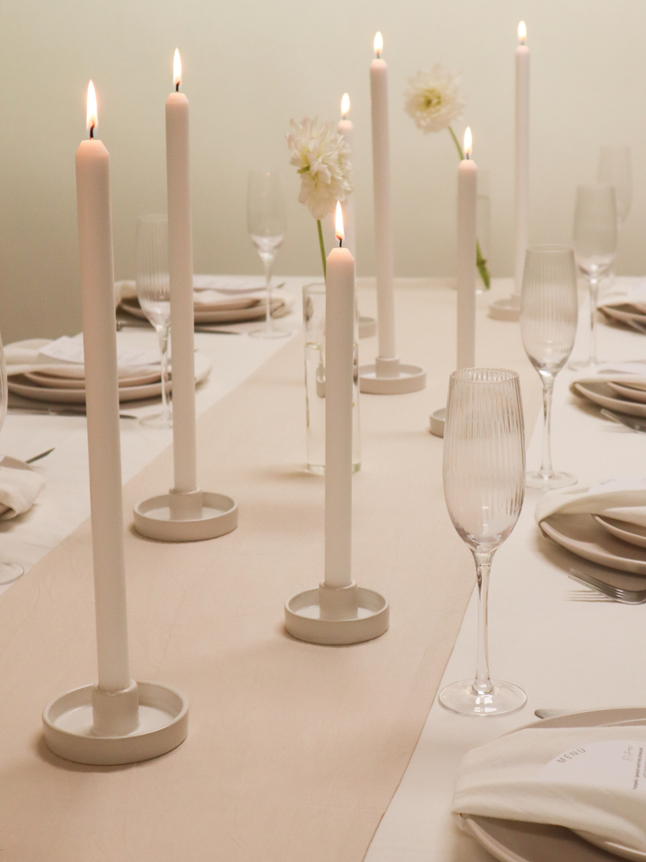 White 35cm Taper Candles with Medium White Amara Ceramic Holders - Set of 12 Pack of 12