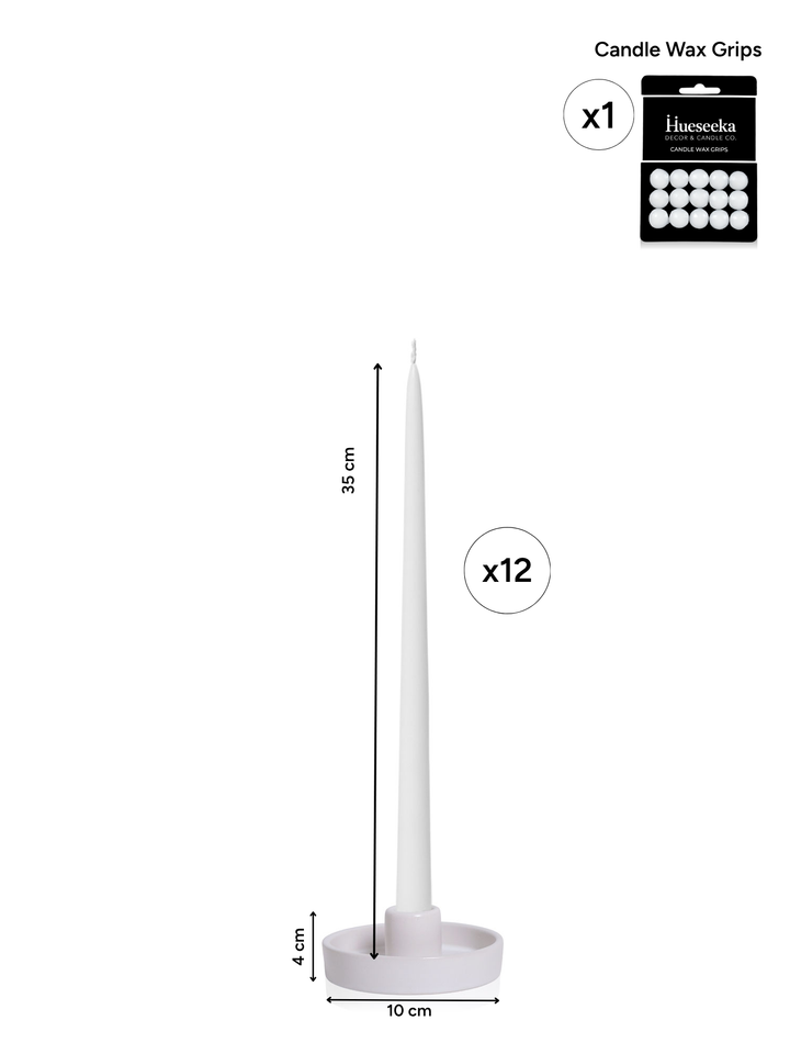 White 35cm Taper Candles with Medium White Amara Ceramic Holders - Set of 12 Pack of 12