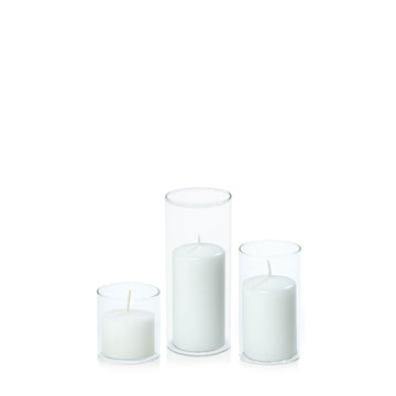 White 5cm Event Pillar in 5.8cm Glass, Sm - Set of 6