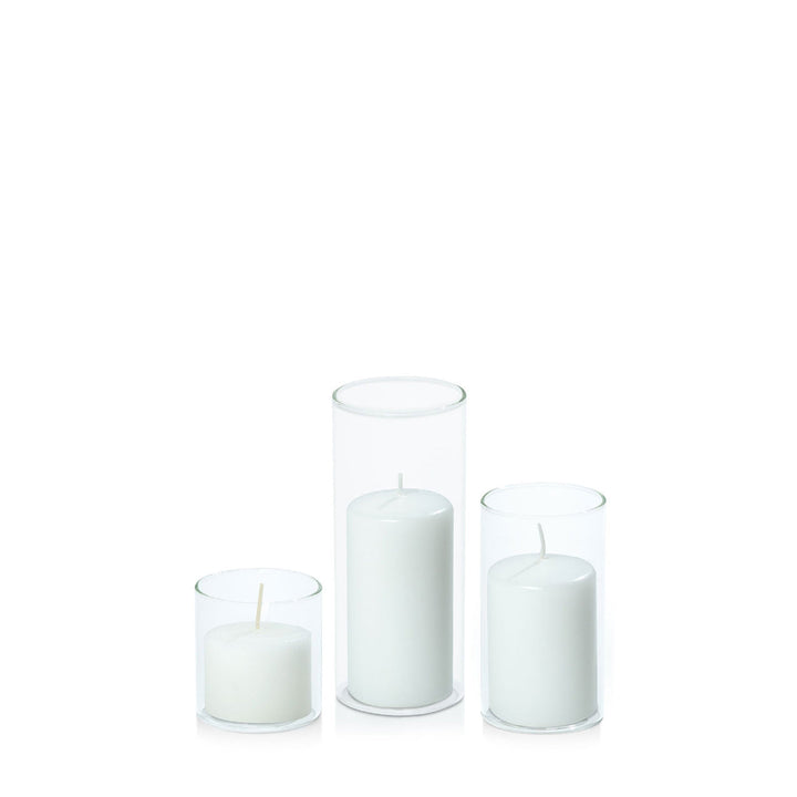 White 5cm Event Pillar in 5.8cm Glass, Sm - Set of 6