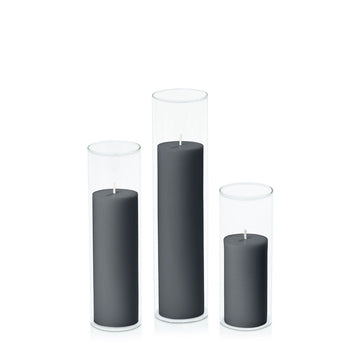 Charcoal 5cm Pillar in 5.8cm Glass, Lg - Set of 6