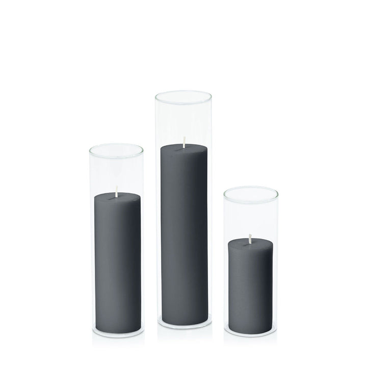 Charcoal 5cm Pillar in 5.8cm Glass, Lg - Set of 6