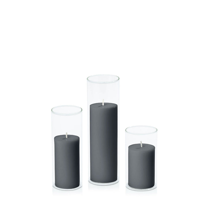 Charcoal 5cm Pillar in 5.8cm Glass, Med - Set of 6