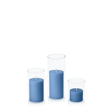 Dusty Blue 5cm Pillar in 5.8cm Glass, Sm - Set of 6