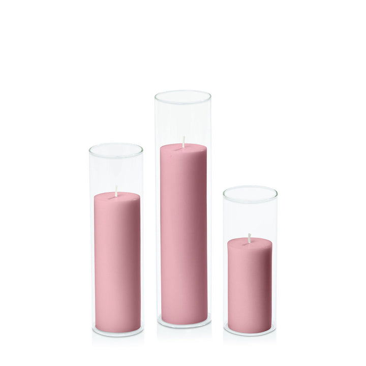 Dusty Pink 5cm Pillar in 5.8cm Glass, Lg - Set of 6