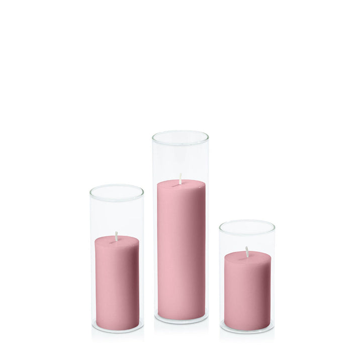 Dusty Pink 5cm Pillar in 5.8cm Glass, Med - Set of 6