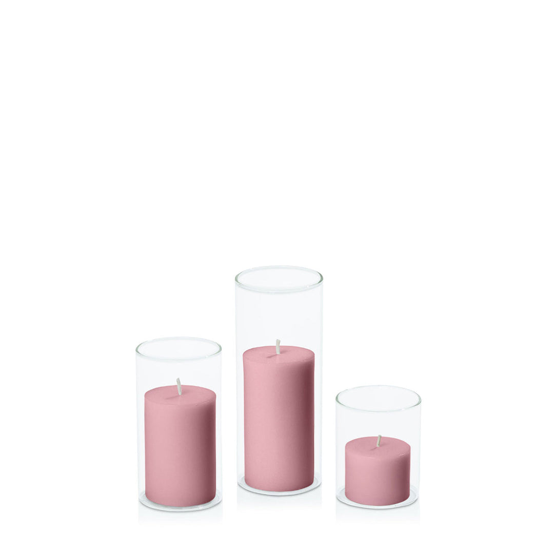 Dusty Pink 5cm Pillar in 5.8cm Glass, Sm - Set of 6
