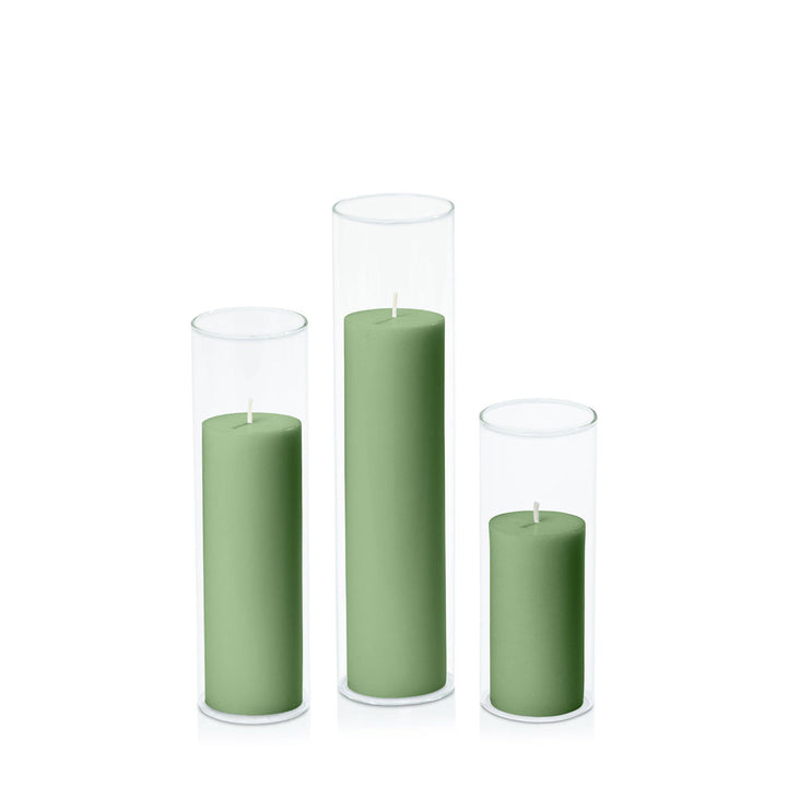 Green 5cm Pillar in 5.8cm Glass, Lg - Set of 6