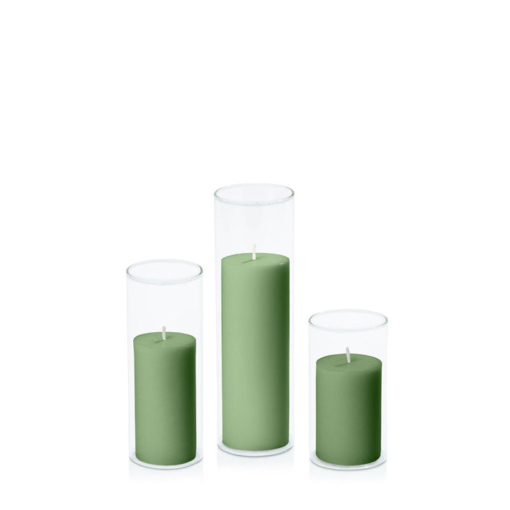 Green 5cm Pillar in 5.8cm Glass, Med - Set of 6