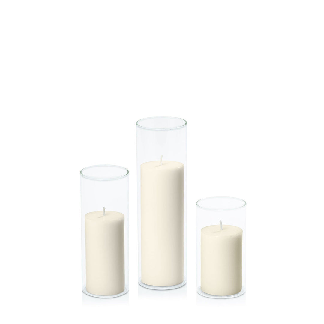 Ivory 5cm Pillar in 5.8cm Glass, Med - Set of 6