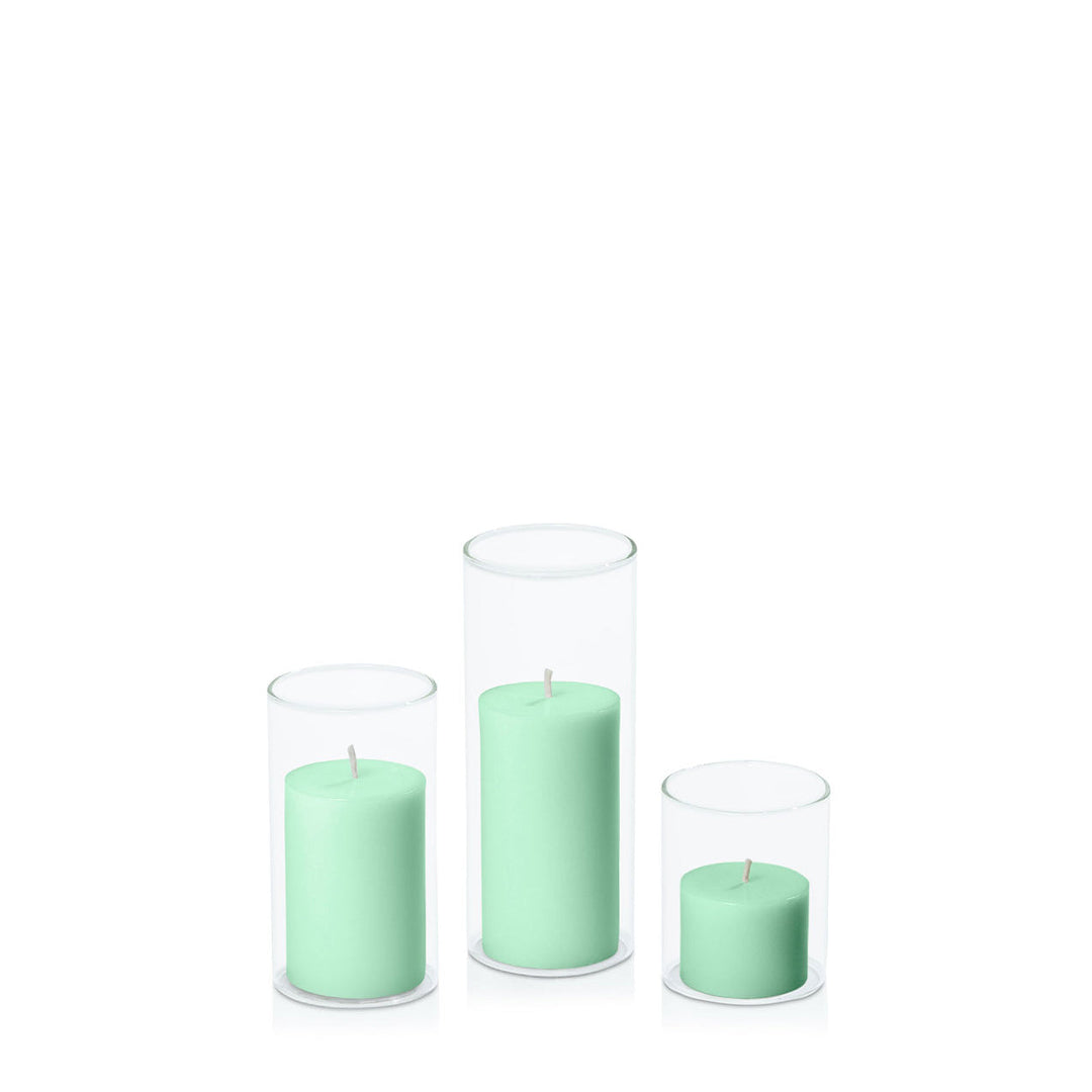 Mint Green 5cm Pillar in 5.8cm Glass, Sm - Set of 6