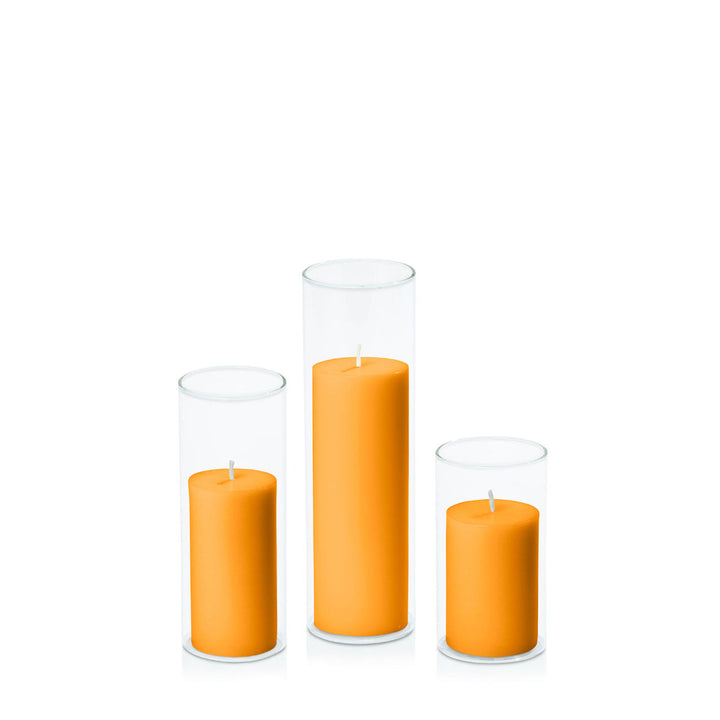 Orange 5cm Pillar in 5.8cm Glass, Med - Set of 6