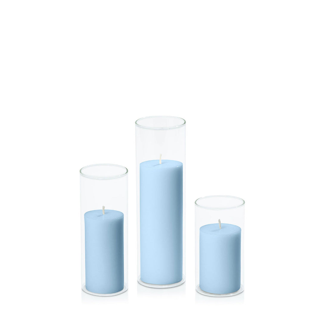 Pastel Blue 5cm Pillar in 5.8cm Glass, Med - Set of 6