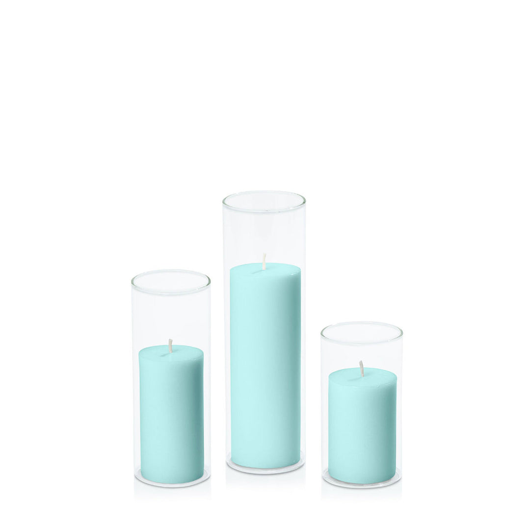 Pastel Teal 5cm Pillar in 5.8cm Glass, Med - Set of 6