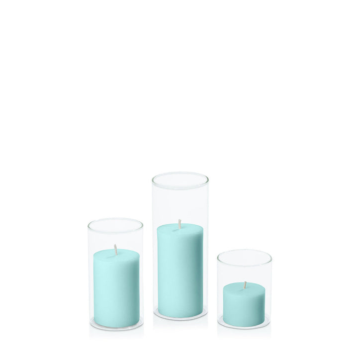 Pastel Teal 5cm Pillar in 5.8cm Glass, Sm - Set of 6