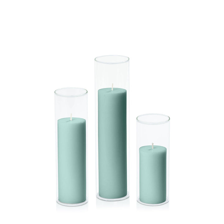 Sage Green 5cm Pillar in 5.8cm Glass, Lg - Set of 6