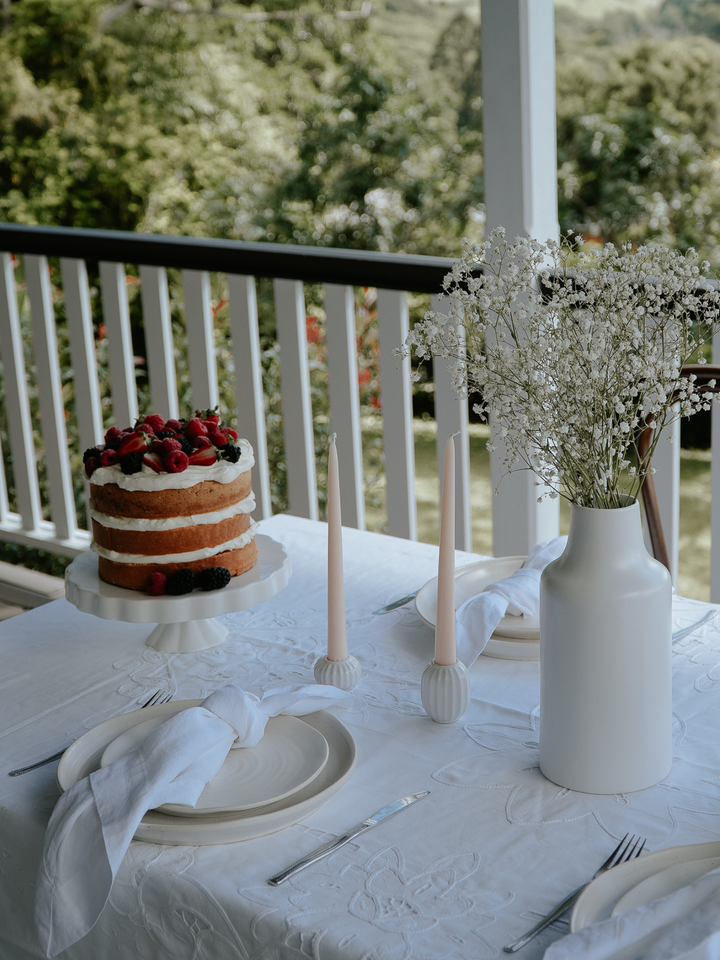 White 25cm Taper Candles with White Posey Ceramic Holders - Set of 4