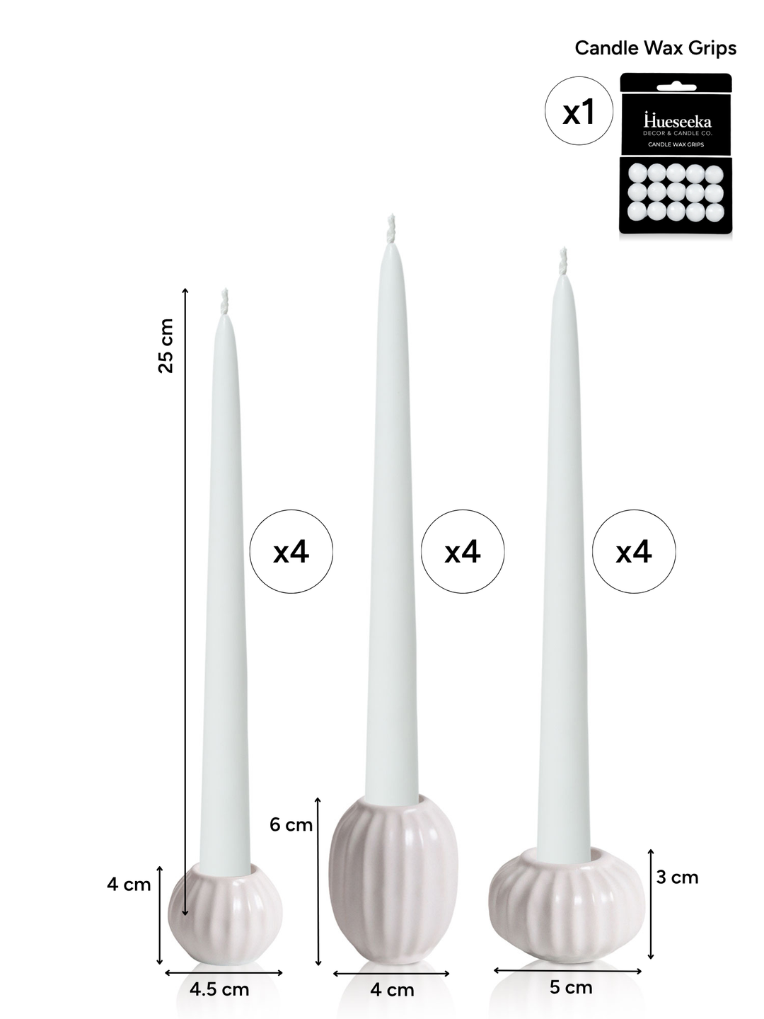 White 25cm Taper Candles with White Posey Ceramic Holders - Set of 4