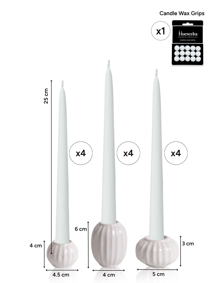 White 25cm Taper Candles with White Posey Ceramic Holders - Set of 4